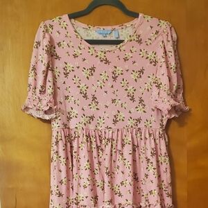 Draper James Lee Ann Puff Sleeve Feminine Boho Pink Magnolia Floral Dress Size M